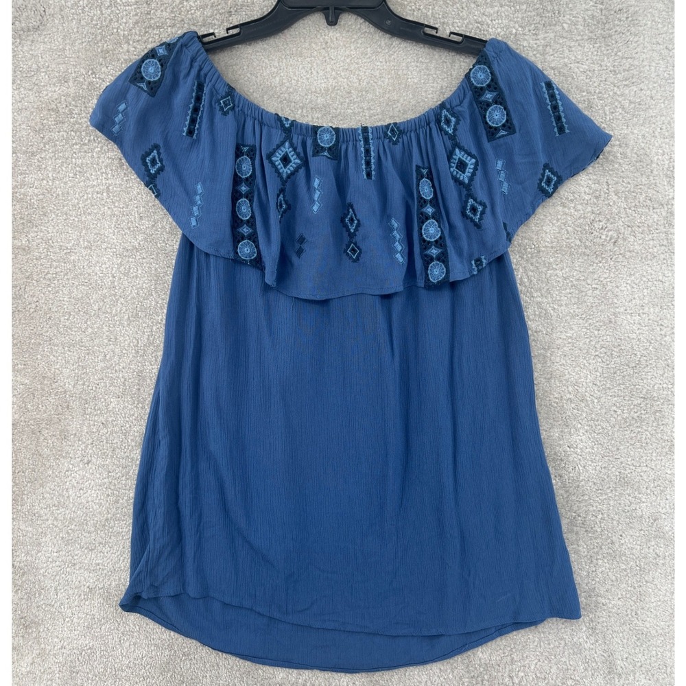 Knox Rose Embroidered Off Shoulder Peasant Blouse XL Blue Ruffle Cottagecore